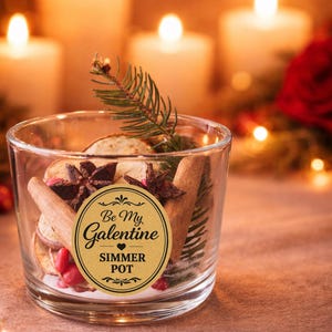 May include: A clear glass simmer pot filled with dried fruit, cinnamon sticks, star anise, and greenery. A gold sticker on the glass reads "Be My Galentine Simmer Pot". The background features lit candles and soft lighting.