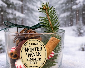May include: A clear glass jar filled with a pine cone, cinnamon stick, peppermint candies, and a sprig of evergreen. The jar has a label that reads "A Cozy Winter Walk Simmer Pot". A green ribbon is tied around the top.