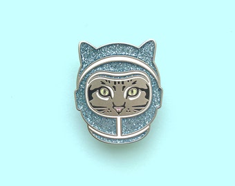 Space Cat Enamel Pin: Blue Glitter Astronaut Helmet, Crazy Cat Lady Gift