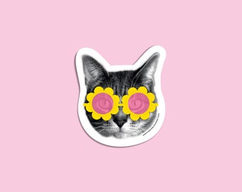 Groovy Cat Sticker – Metallic Flower Sunglasses, Weatherproof Vinyl