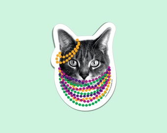 Mardi Gras Cat Sticker – Metallic Bead Necklace, New Orleans Carnival