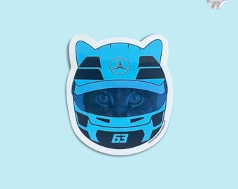 F1 Racing Cat Sticker: George Russell Mercedes Helmet, Holographic Vinyl