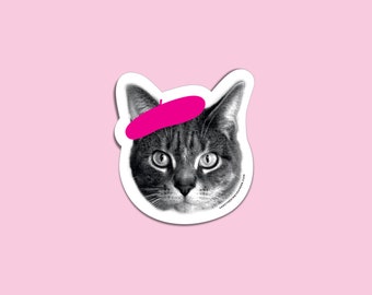 French Cat Vinyl Sticker - Raspberry Beret Art Decal