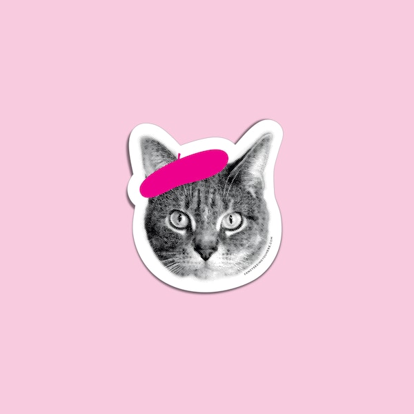 beret cat sticker - french cat vinyl sticker - french cat art - raspberry beret cat decal - laptop sticker