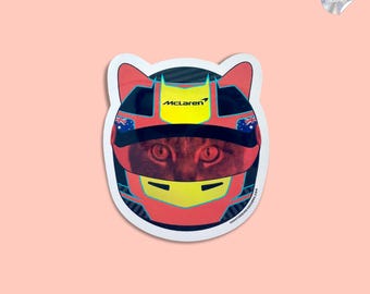 F1 racing cat sticker - 2025 mclaren helmet cat - metallic oscar piastri decal - racing laptop sticker - formula one vinyl shiny sticker