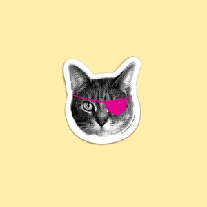 May include: A black and white image of a cat wearing a pink eye patch. The cat is looking directly at the viewer.