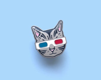 3D glasses cat enamel pin - retro kitty pin - movie cat pin