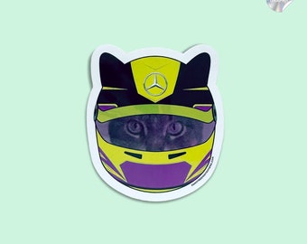 F1 racing cat sticker - mercedes helmet cat - metallic lewis hamilton decal - racing laptop sticker - formula one vinyl shiny sticker