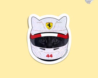Glitter F1 Race Cat Sticker – Lewis Hamilton Helmet, Holographic Vinyl Formula One Decal