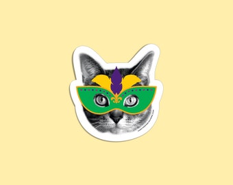 Mardi Gras Cat Sticker – Masquerade Mask, New Orleans Kitty