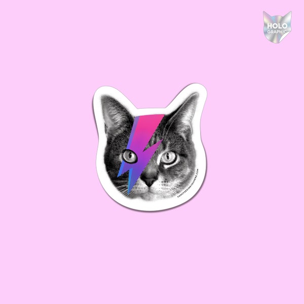 holographic bowie cat sticker - david bowie cat vinyl sticker - metallic david bowie art - kitty stardust cat decal - laptop sticker