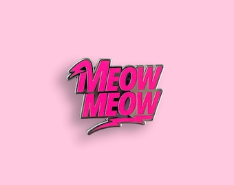 Meow Meow Silver Enamel Pin – Fluorescent Pink Text with Lightning Bolt
