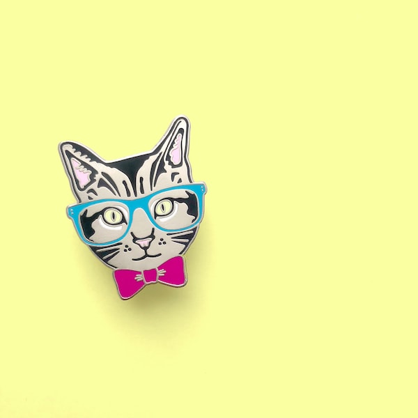 nerd kitty enamel pin - hipster cat pin - glasses bowtie cat pin