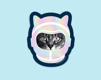 holographic space cat sticker - astronaut cat - rainbow metallic astro cat decal - crazy cat lady laptop sticker - vinyl shiny sticker