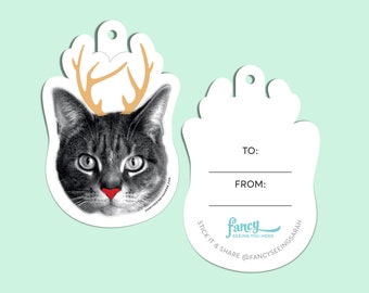 christmas cat gift tag and sticker - metallic cat-a-lope sticker - holiday kitty decal