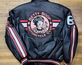 Vintage Black Leather Motorcycle Jacket With Betty Boop// Black