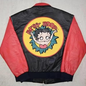 Betty Boop Vintage Style Leather Jacket Red Black Cowhide Bomber Jacket Genuine Leather Streetwear Jacket Retro Fashion Collector Best Gift