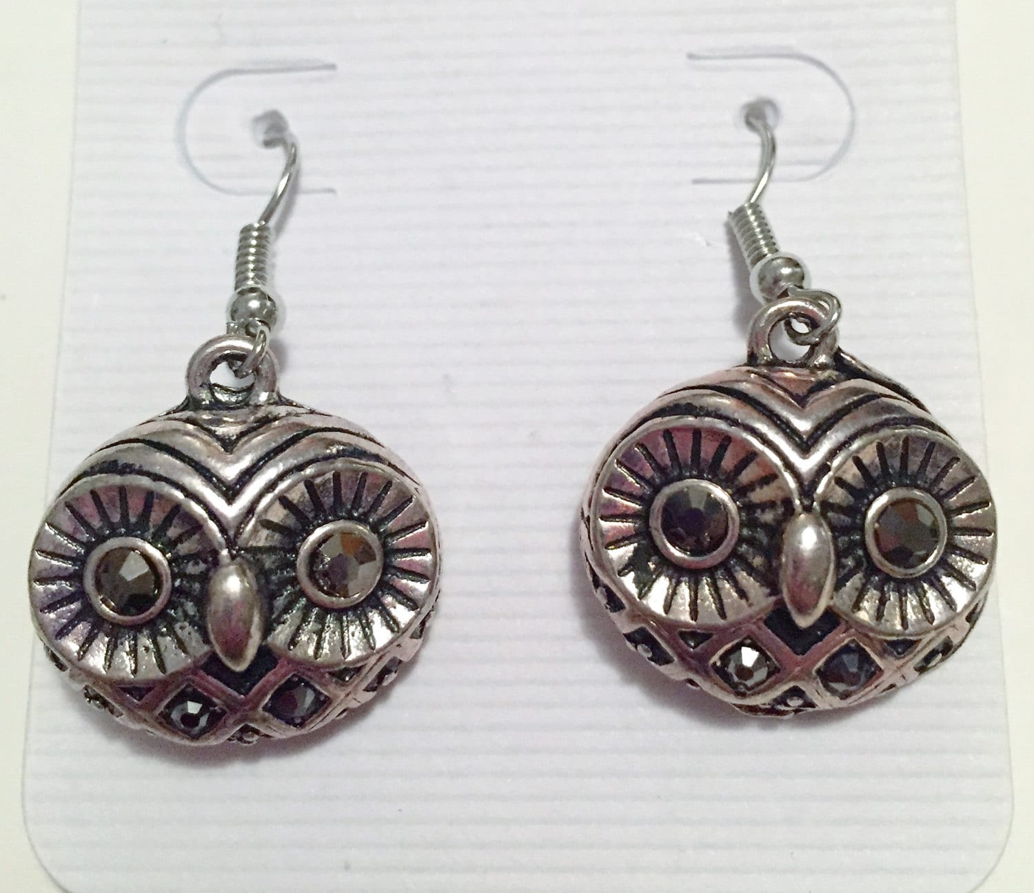 Antique Silver Tone Crystal Embellished Owl Earrings