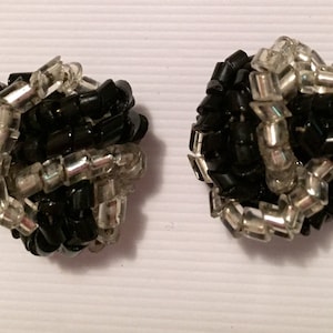 Vintage Black and Silver Glass Bugle Bead Cluster Earrings Pierced Twisted Knot