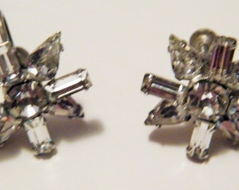 Vintage 1950's Clear Rhinestone Baquette Floral Earrings Screw Back