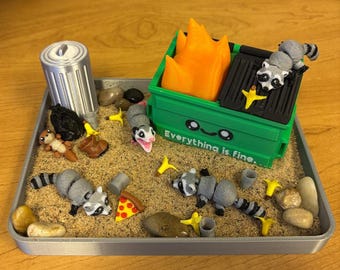 Garbage Fire Zen Garden - Fidget Dumpster Sandbox Toy - Cubicle Decor - Funny Work Gift - Secret Santa - Mini Raccoon - Coworker Gag Gift