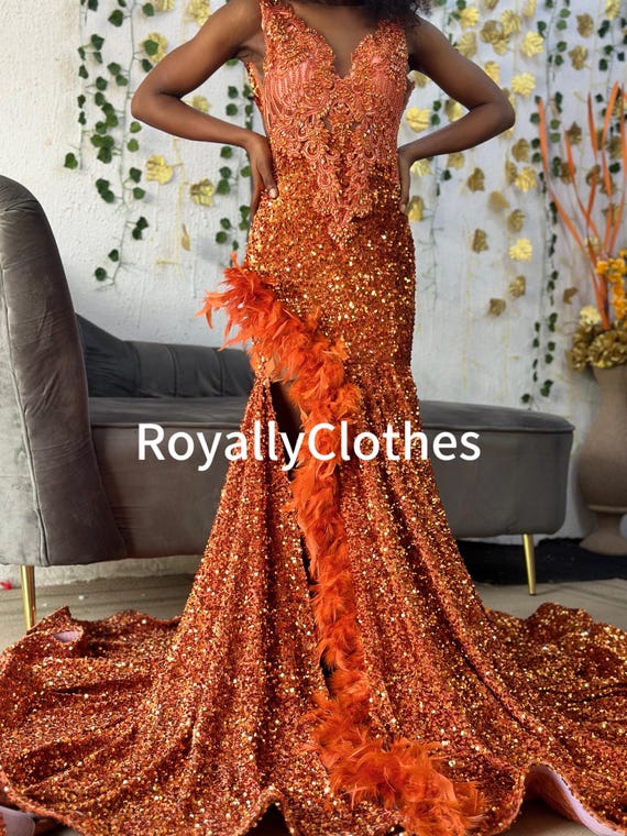 Sequin Embellished Prom Dress: Burnt Orange African Wedding Gown - Etsy