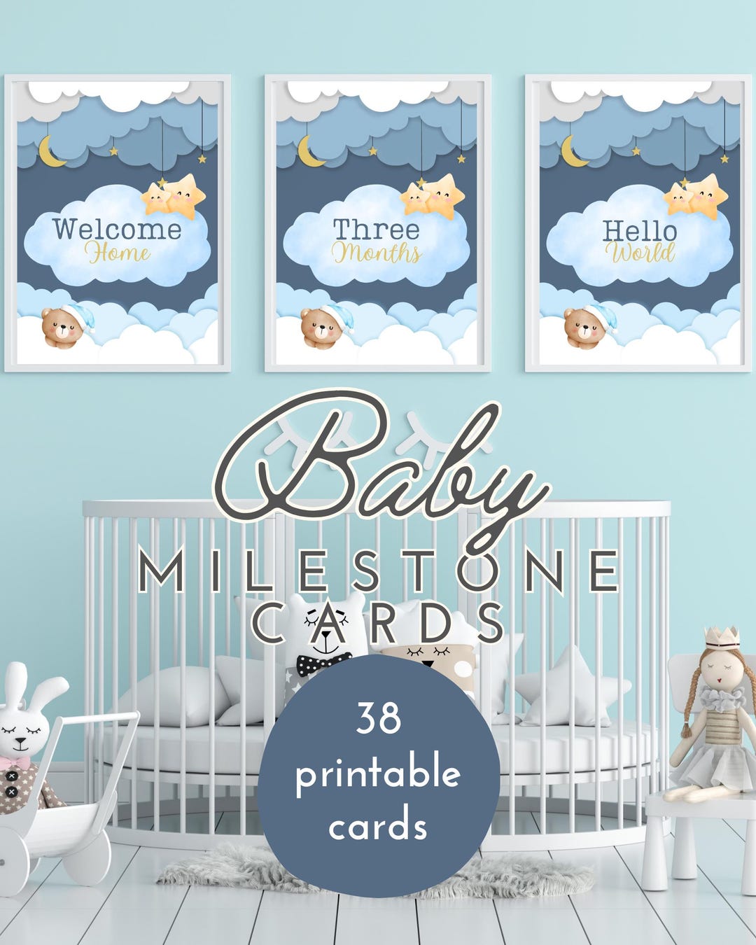 Blue Baby Milestone Cards | Printable Baby Monthly Cards | Teddy Bear ...