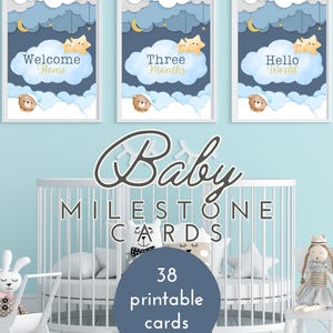 Cartes d'étape bleues pour bébé ours en peluche – Accessoires photo imprimables du mois | Décoration de chambre de bébé nuage et lune | Téléchargement numérique