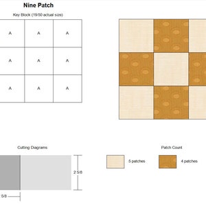 May include: Diagram of a nine-patch quilt block with key block and cutting diagrams. The key block shows a 3x3 grid with the letter "A" in each square. The finished block is a 9-patch design with alternating squares of beige and patterned gold fabric.