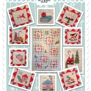 May include: A collage of quilt blocks featuring various designs, including a snowman, a stack of books with an apple on top, a birthday cake, a cat with a pumpkin, a teapot, a birdhouse, a house, a bee, and a sewing machine. The title "My Favorite Things ~135~" is at the top of the collage. The text "Quilt Doodle Designs" is at the bottom of the collage.