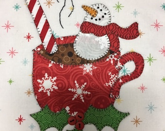 Marshmallow Snowman and Cocoa Mug Applique  PDF Pattern for Tea Towel, A cute Christmas Design