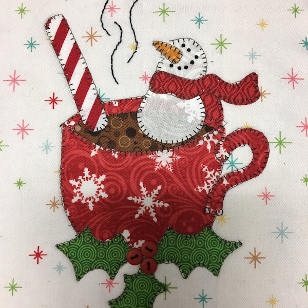 Marshmallow Snowman and Cocoa Mug Applique  PDF Pattern for Tea Towel, A cute Christmas Design