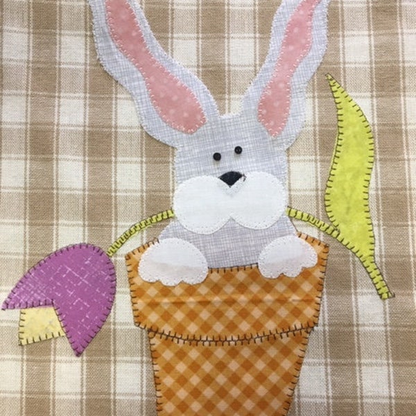 Flopsie Bunny in Flower Pot Applique PDF Pattern for Tea Towel