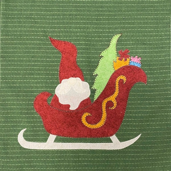 Gnome with Sled Applique  PDF Pattern for Tea Towel, A cute Christmas Design