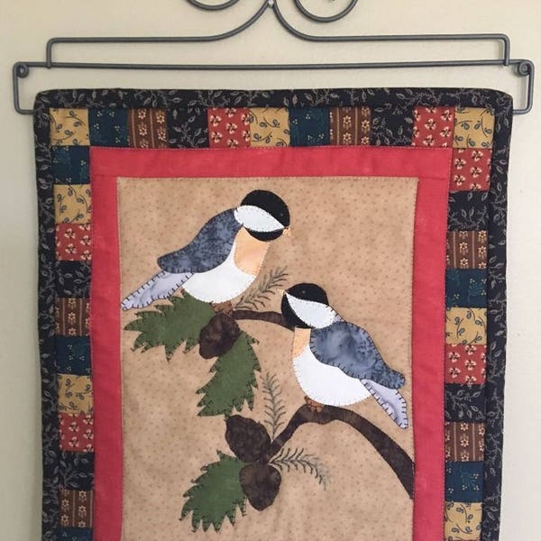 Pinecone Chickadees mini quilt, wall hanging PDF pattern Quilt Doodle Designs