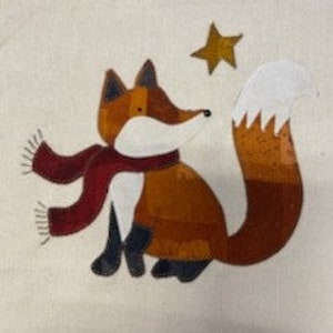May include: A brown and orange fox wearing a red scarf and looking up at a gold star. The fox has a white tail with orange tips.