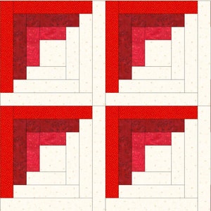 May include: A quilt block with a red, burgundy, and pink log cabin pattern. The block is made up of four squares, each with a different color log cabin pattern.