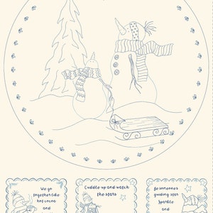 Könnte beinhalten: Eine skurrile Illustration einer Schneekugel-Szene mit zwei Schneemännern, einem Weihnachtsbaum und einem Schlitten. Der Text "Snow Globe" steht oben. Zusätzlicher Text enthält Sätze wie "Hot Cocoa Wishes" und "Cuddle in a cup."