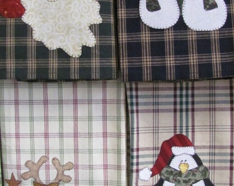 Holiday Tea Towels  Applique  PDF Pattern Snowman Reindeer Penguin Santa Claus Christmas