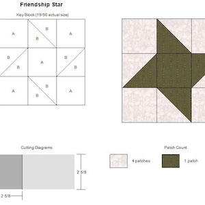 May include: Diagram showing how to sew a Friendship Star quilt block. The block is made up of 9 squares, with 4 squares in the center forming a star shape. The diagram shows the layout of the fabric pieces needed to create the block, with labels for each piece. The diagram also shows the finished block, with a green star on a white background.
