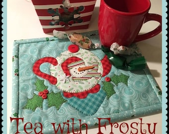 Tea with Frosty Snowman Applique Mug Mat PDF Pattern