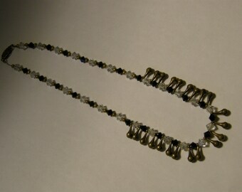 Vintage beaded choker necklace - black, white and brass