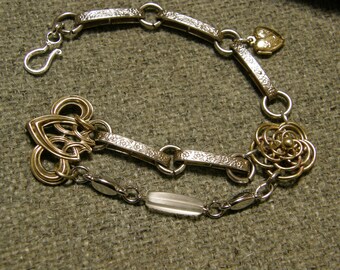 Vintage Assemblage bracelet - silver, gold and brass with locket charm