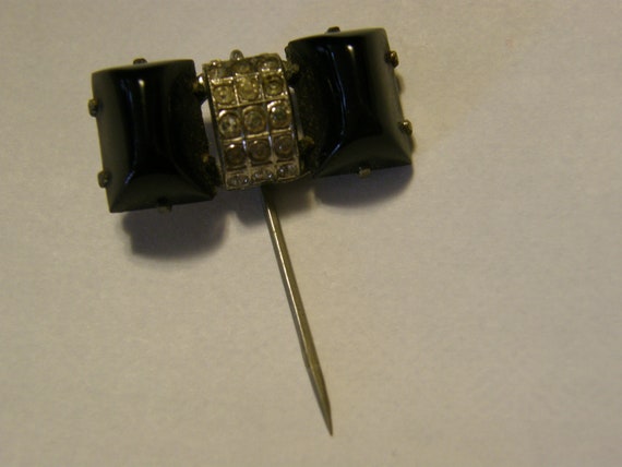 Vintage 1930's black glass and rhinestone hat or stick pin made in Czechoslovakia