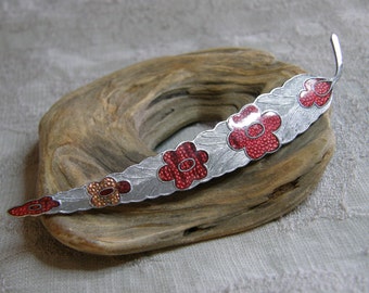Vintage silver leaf brooch with red and orange guilloche enamel flowers