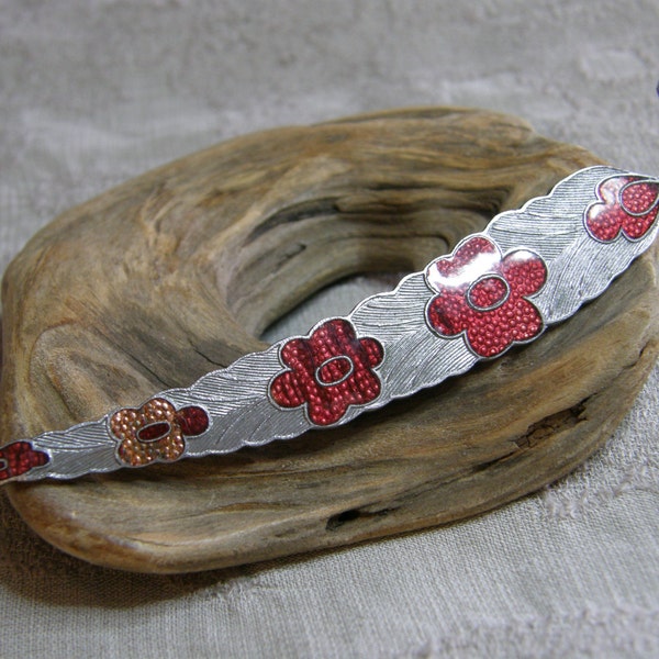 Vintage silver leaf brooch with red and orange guilloche enamel flowers