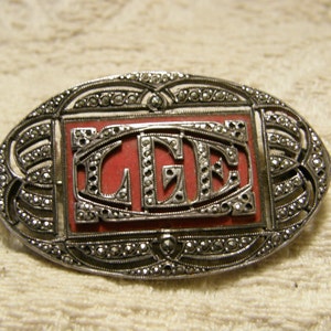 Vintage 1920's marcasite and red enamel monogram brooch LGE image 1