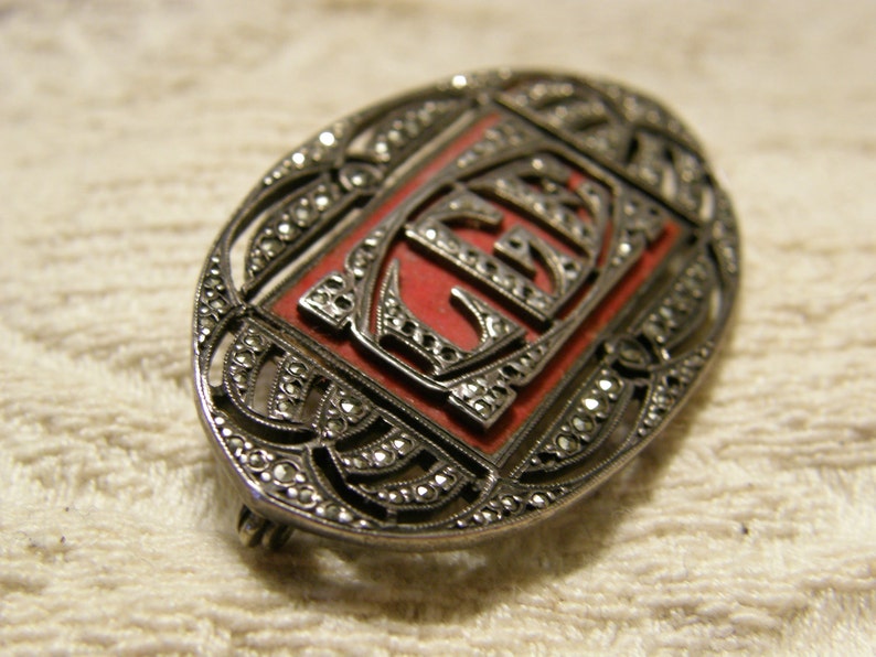 Vintage 1920's marcasite and red enamel monogram brooch LGE image 2