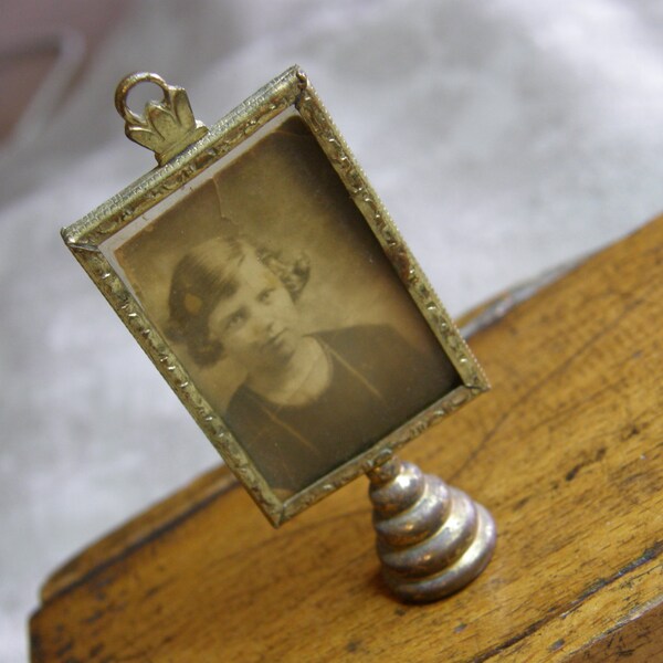Vintage brass miniature picture frame on pedestal with photo circa the 1920's