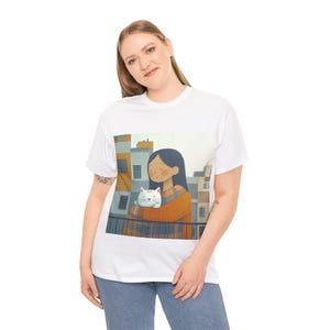 Cat Lover Knit Jumper Tee, Rosie Cheek Girl Cartoon Shirt, Cityscape Apartment Buildings Top, White Cat Graphic Tshirt, Unisex Heavy Cotton